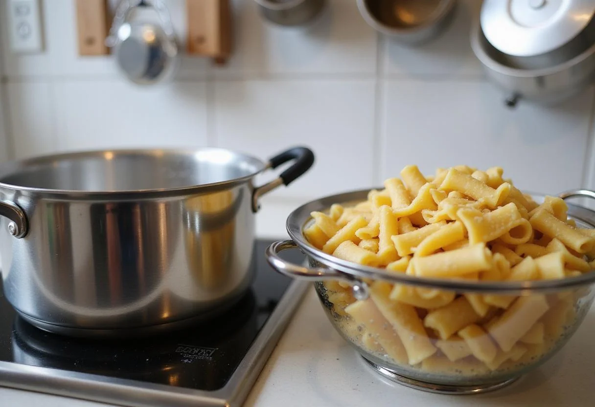 Boiling water with rigatoni pasta ready to cook, in a bright kitchen enhancing the spicy rigatoni pasta experience.