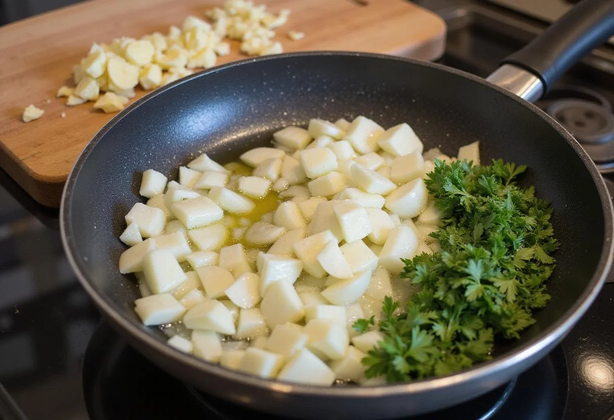 Sautéing onions and minced garlic in a pan, with fresh herbs on the side, capturing the essence of spicy rigatoni pasta preparation.