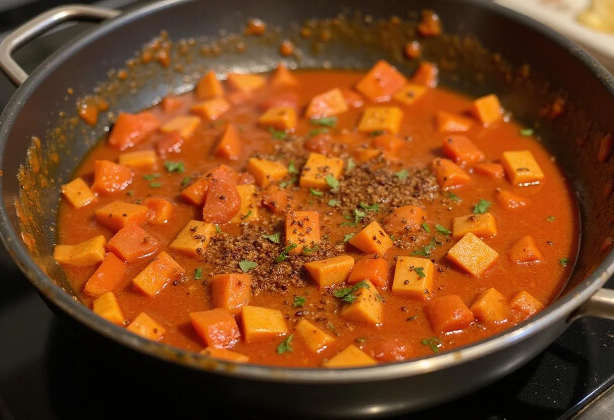 Simmering spicy red sauce with tomatoes and herbs, enriching the spicy rigatoni pasta dish, in a cozy kitchen atmosphere.