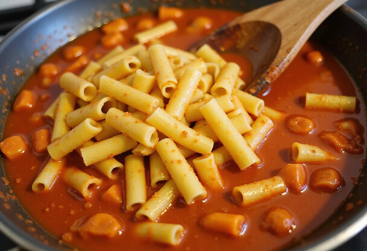 Combining cooked rigatoni pasta with spicy red sauce in a pan, showcasing the blend of flavors in the spicy rigatoni pasta sensation.
