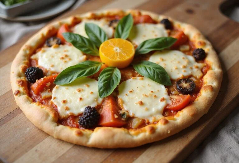Deliciously baked Spring Garden Pizza Blossom displayed on a wooden board, garnished with fresh basil leaves and a golden crust.