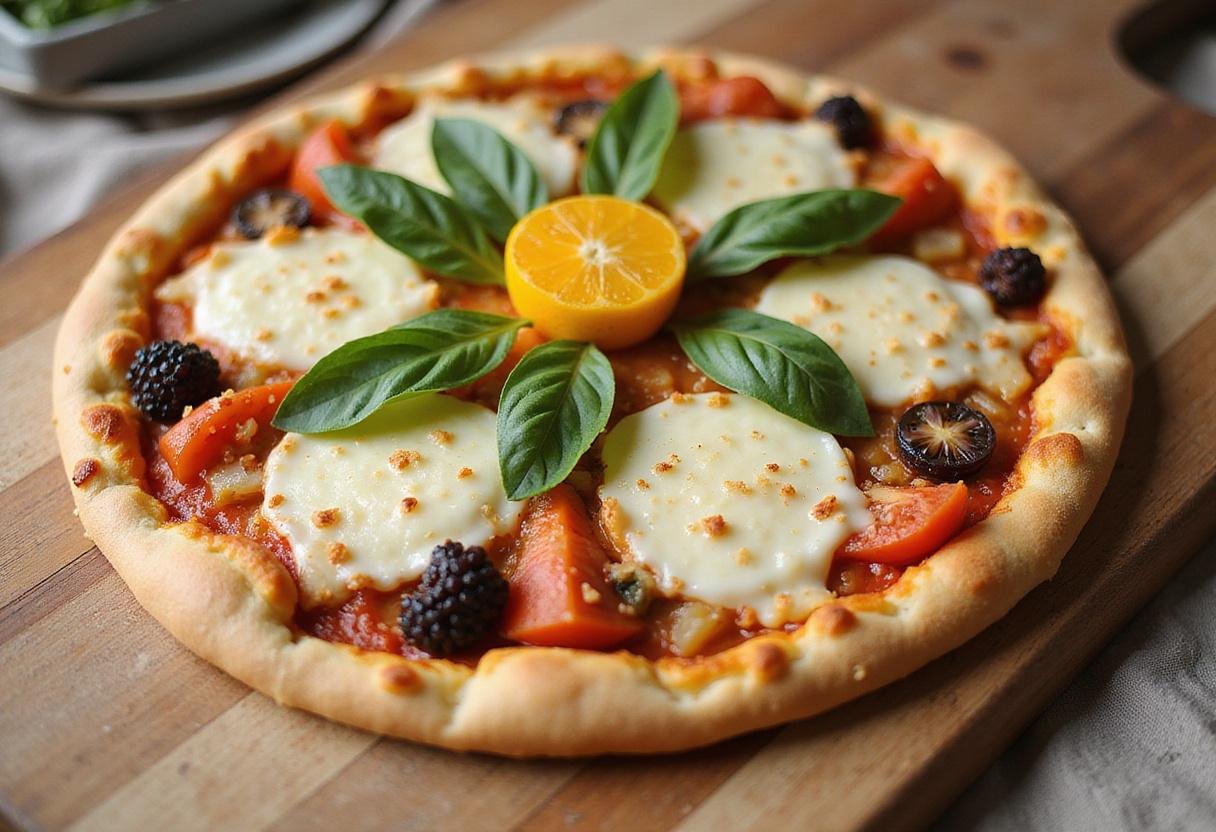Deliciously baked Spring Garden Pizza Blossom displayed on a wooden board, garnished with fresh basil leaves and a golden crust.