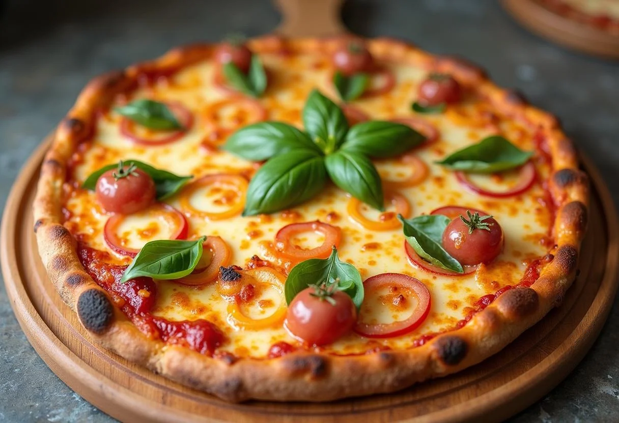 Deliciously baked Spring Garden Pizza Blossom displayed on a wooden board, garnished with fresh basil leaves and a golden crust.