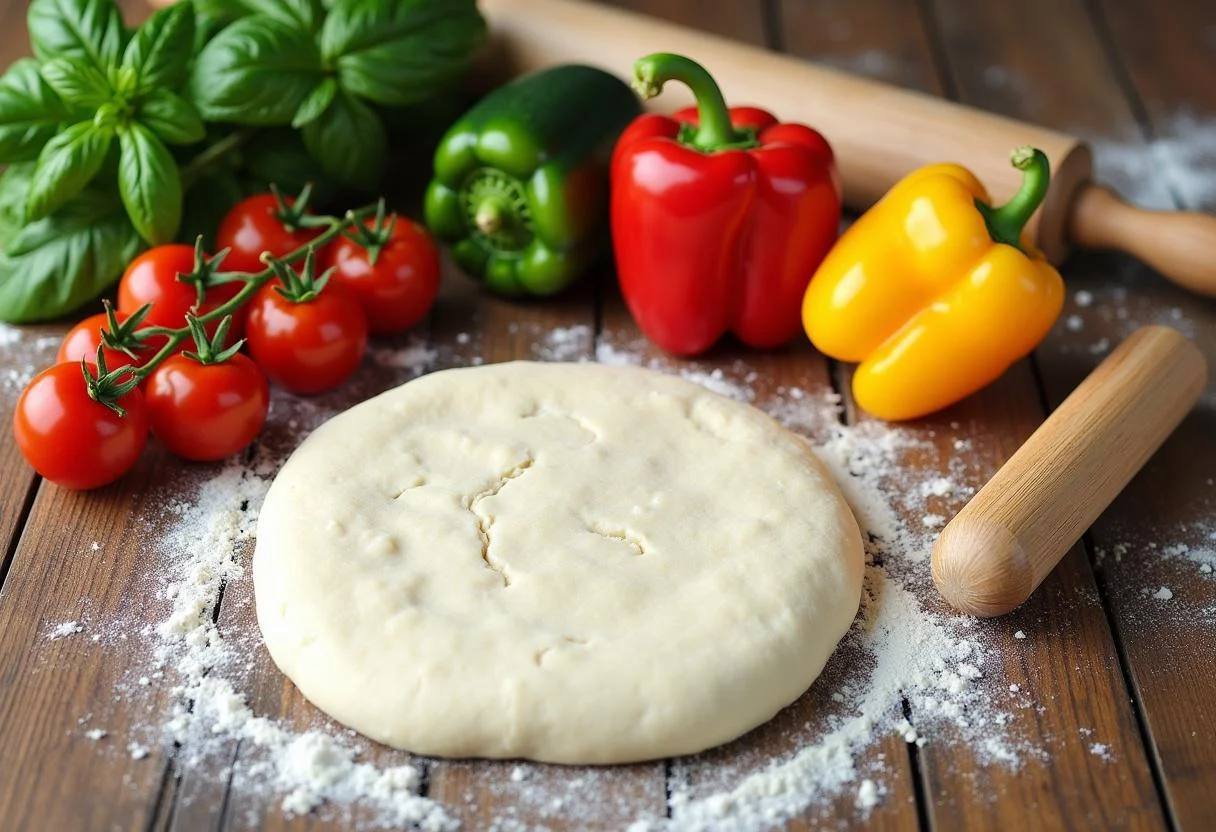 Fresh ingredients for Spring Garden Pizza, including colorful vegetables and herbs on a rustic wooden table.