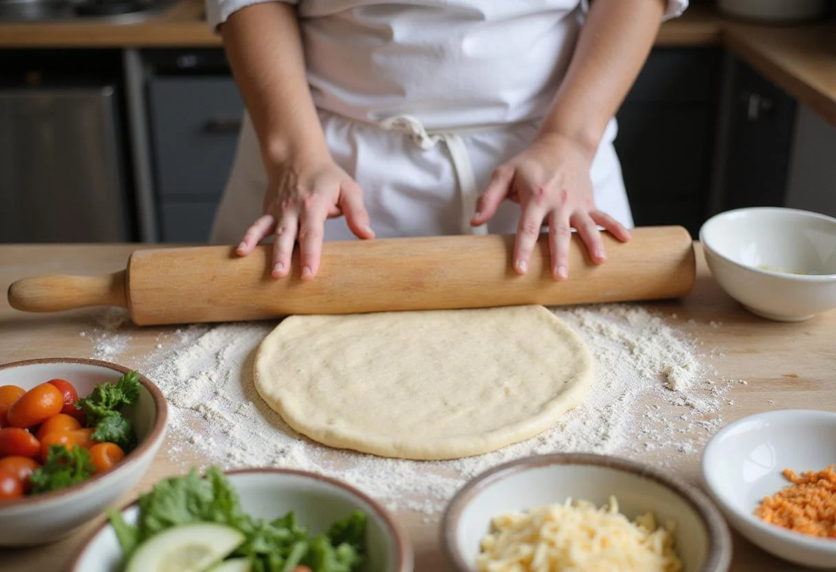 Chef rolling out pizza dough for Spring Garden Pizza with vibrant vegetables and cheese in the background.
