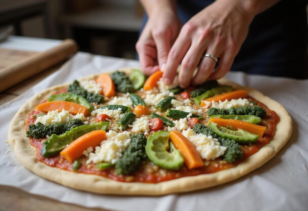 Colorful vegetables and cheese being layered on pizza dough for a delicious Spring Garden Pizza.
