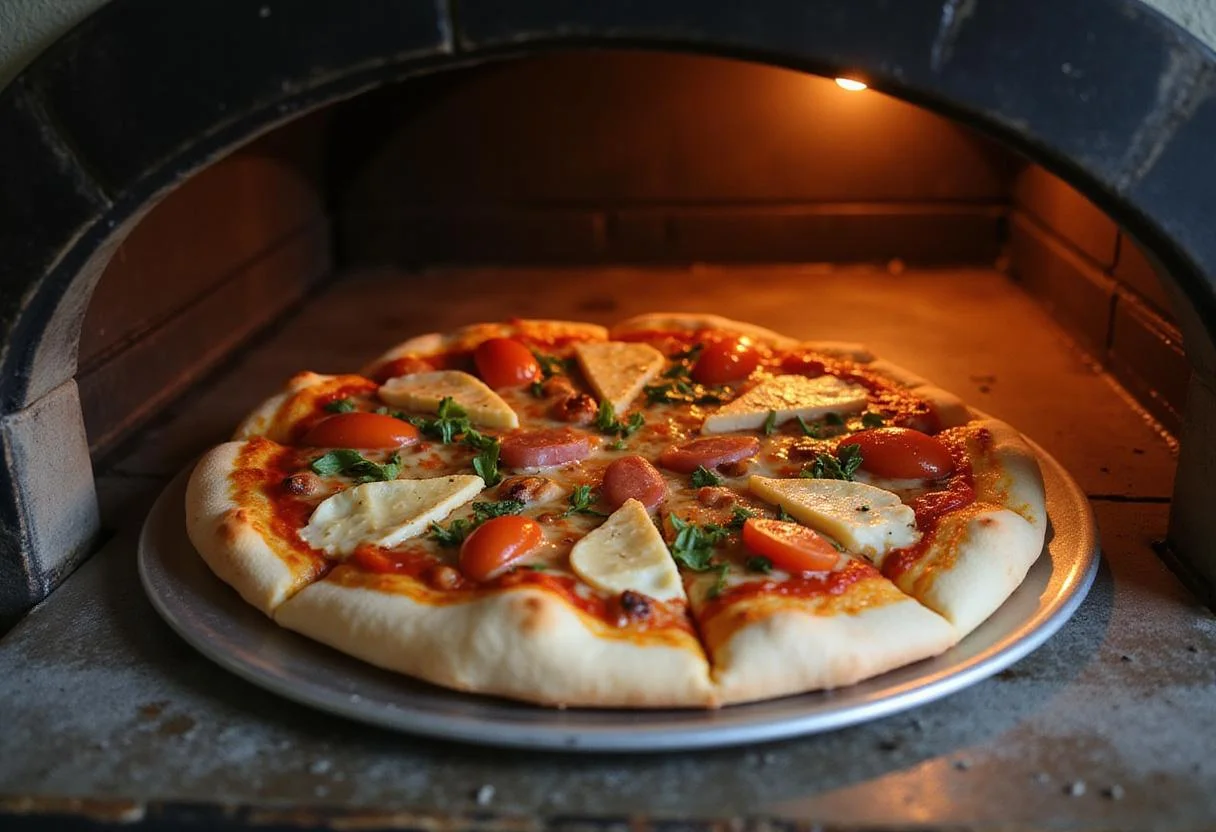 Spring Garden Pizza being placed in a preheated oven, showcasing the vibrant toppings as it prepares to bake.