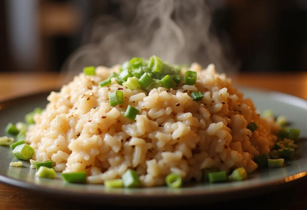 Finished sticky japonica rice served elegantly on a plate, showcasing the perfect texture of japonica rice grains ready to enjoy.