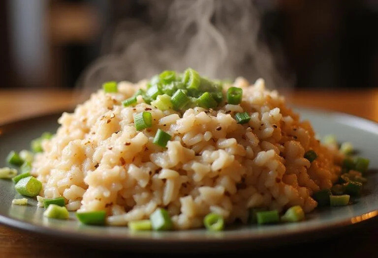 Finished sticky japonica rice served elegantly on a plate, showcasing the perfect texture of japonica rice grains ready to enjoy.