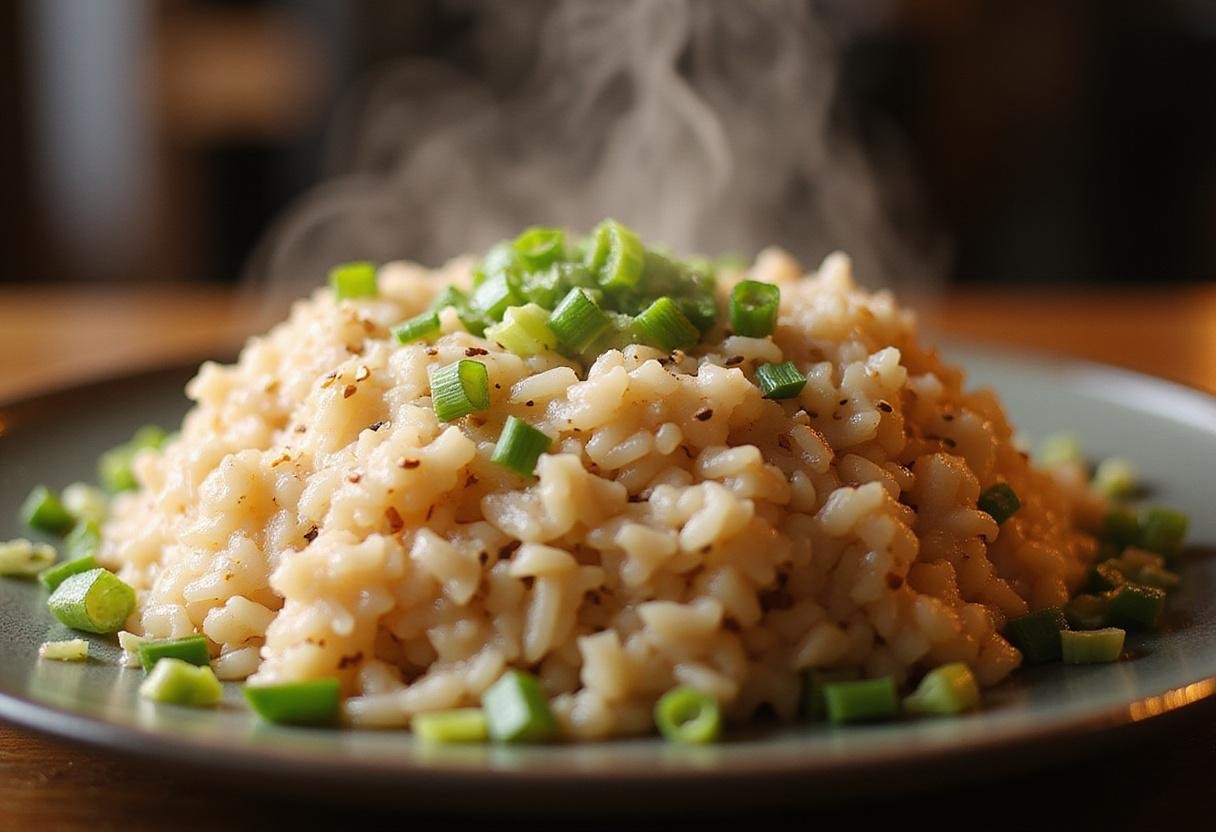 Finished sticky japonica rice served elegantly on a plate, showcasing the perfect texture of japonica rice grains ready to enjoy.