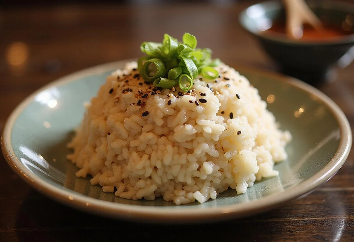 Finished sticky japonica rice served elegantly on a plate, showcasing the perfect texture of japonica rice grains ready to enjoy.
