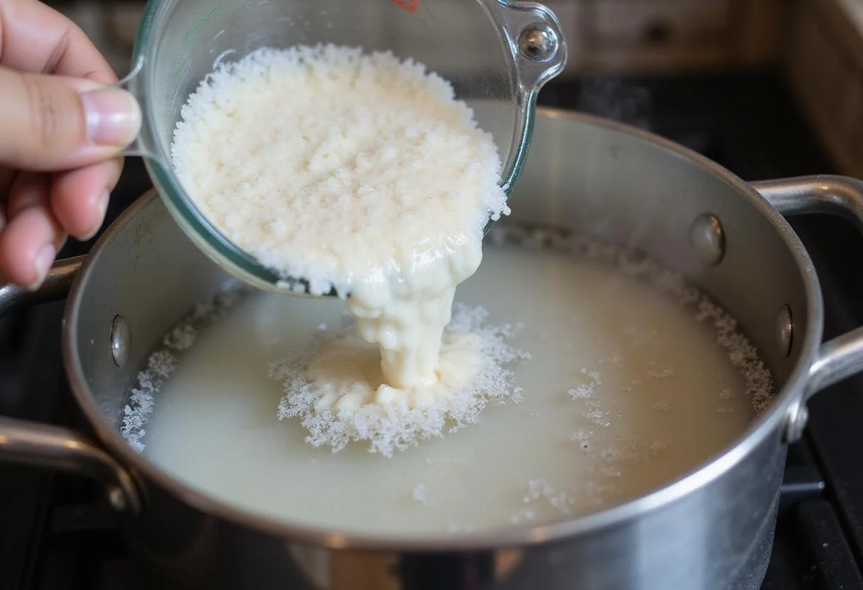 Preparing sticky japonica rice by adding japonica rice to boiling water for cooking.