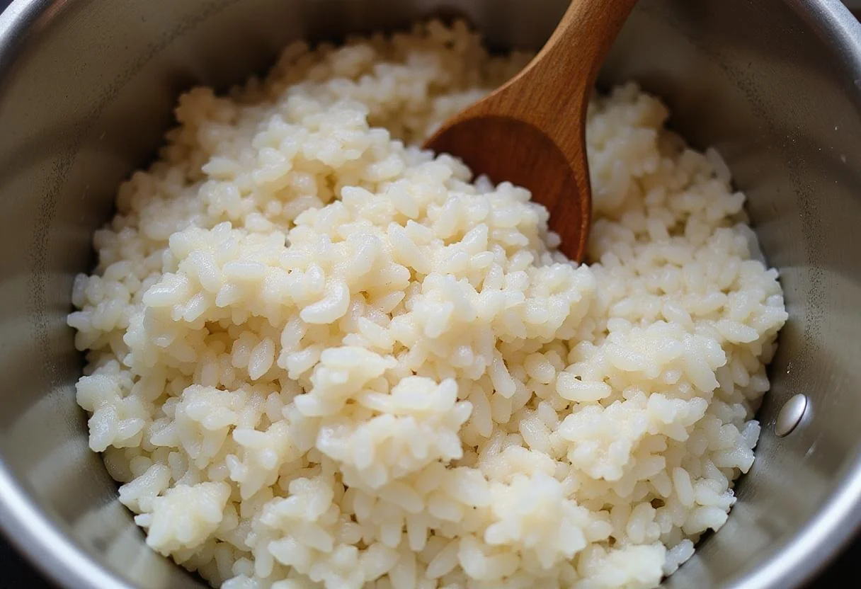 Cooking sticky japonica rice until the grains become tender and shiny, ready for delicious serving.