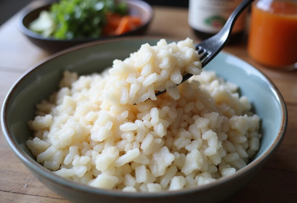 Fluffing sticky japonica rice to enhance its texture, showcasing the perfect consistency of the japonica rice grains.