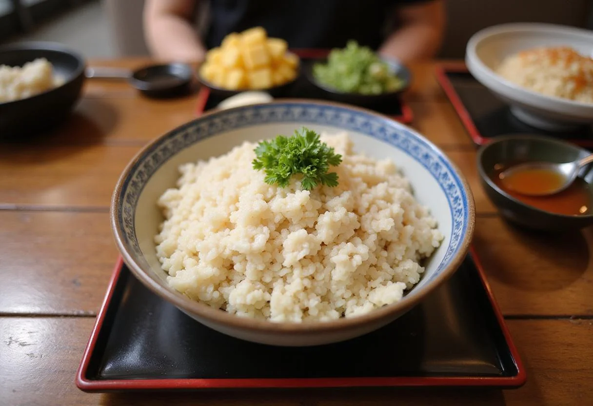 Serving sticky japonica rice alongside delectable Japanese dishes, highlighting a traditional dining experience.