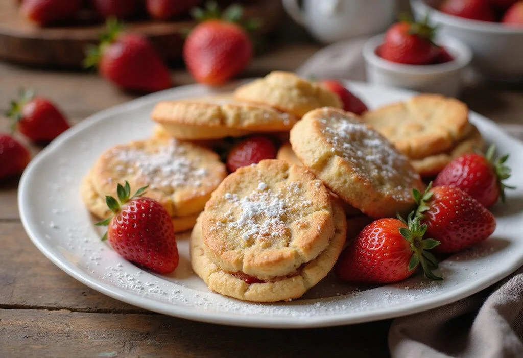 A beautiful display of golden-brown strawberry biscuits, showcasing a delightful strawberry biscuit treat perfect for any occasion.