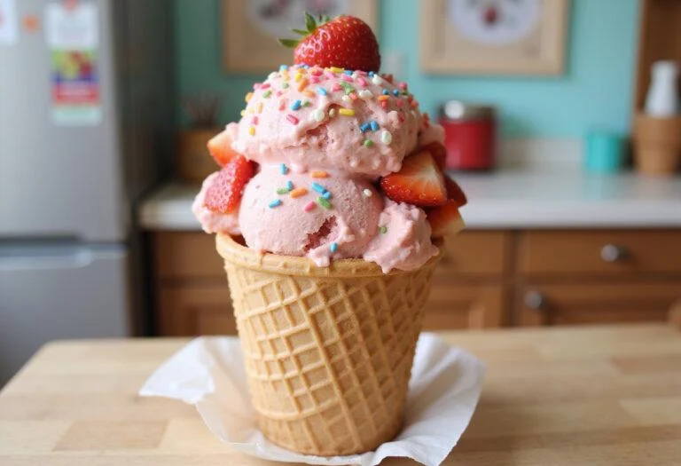 Stunning strawberry crunch ice cream cone served with vibrant colors, a delightful treat reminiscent of strawberry shortcake ice cream bars.