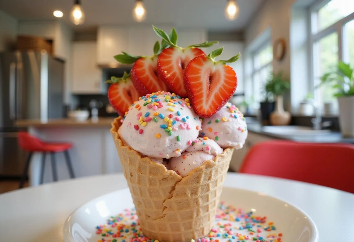 Stunning strawberry crunch ice cream cone served with vibrant colors, a delightful treat reminiscent of strawberry shortcake ice cream bars.