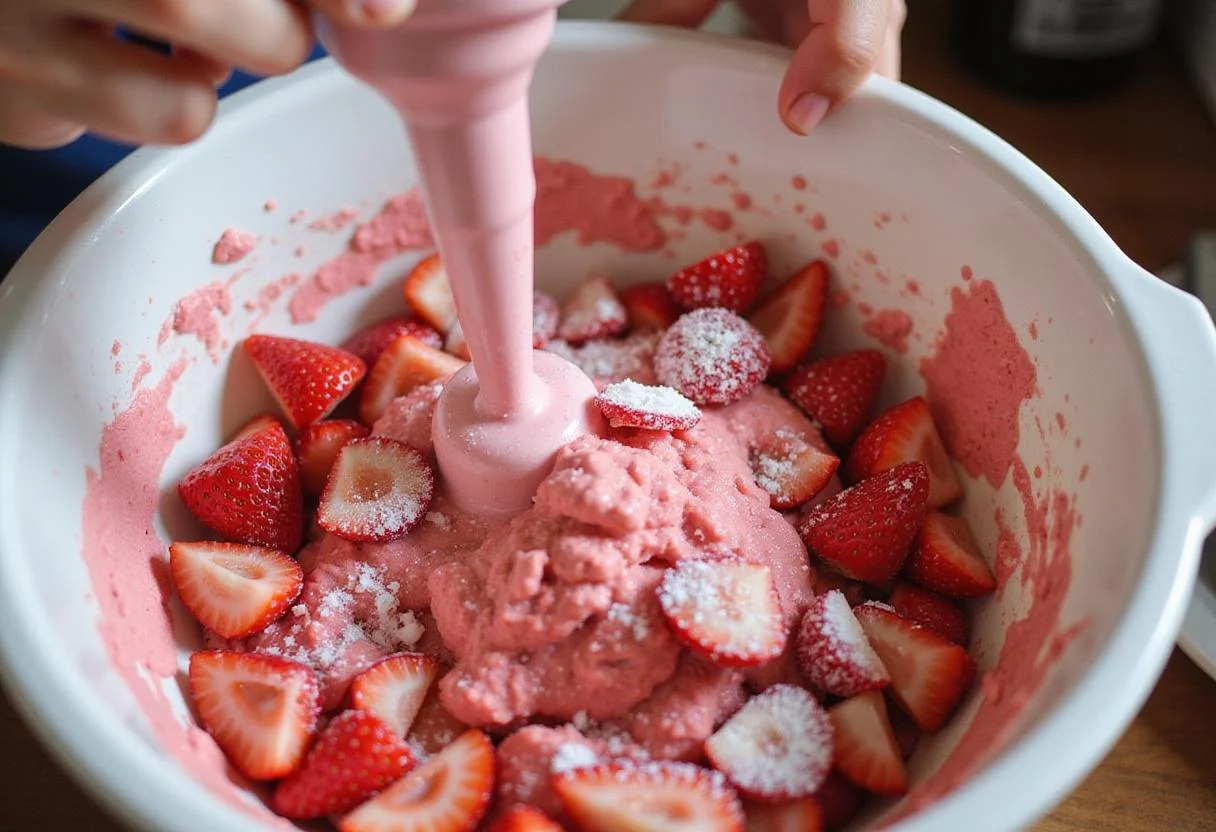 Delicious strawberry crunch ice cream preparation with fresh strawberries and cream, perfect for ice cream cones and desserts.