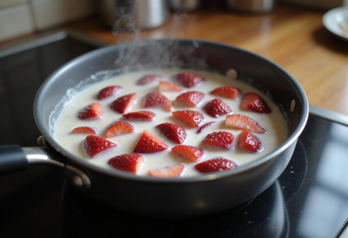 Cooking the strawberry ice cream mixture on the stove, ideal for creating homemade strawberry shortcake ice cream bars.