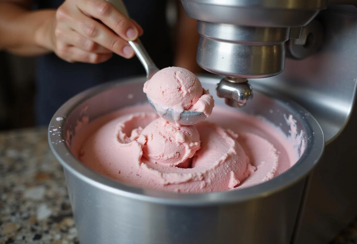Churning strawberry ice cream in an ice cream maker, a crucial step to achieve a creamy texture similar to popular strawberry shortcake ice cream.