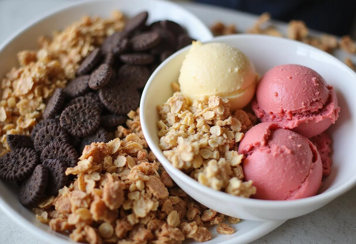 Adding crunchy toppings to homemade strawberry ice cream, enhancing the flavor and texture for a delightful treat.