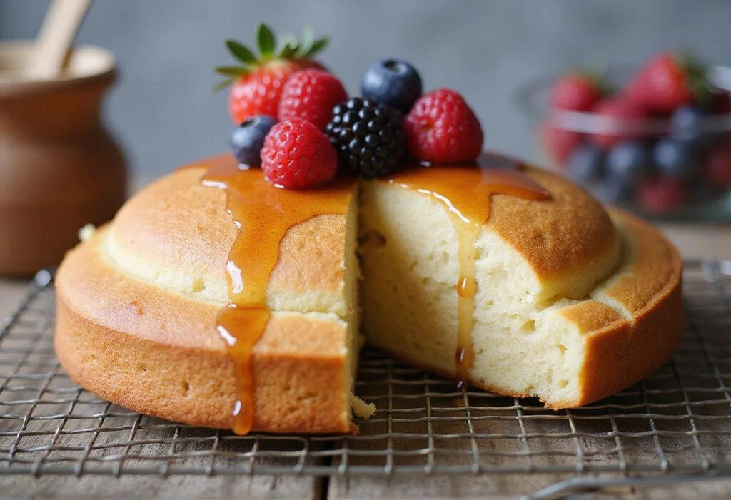 Freshly baked sweet fluffy pancake bread cooling on a rack, showcasing a fluffy interior and topped with maple syrup and berries.
