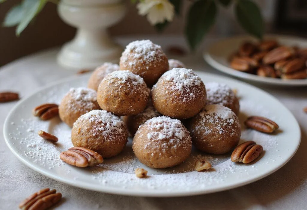 Serving of delicious sweet heavenly pecan balls on a platter, highlighting the finished dessert for a perfect festive treat.