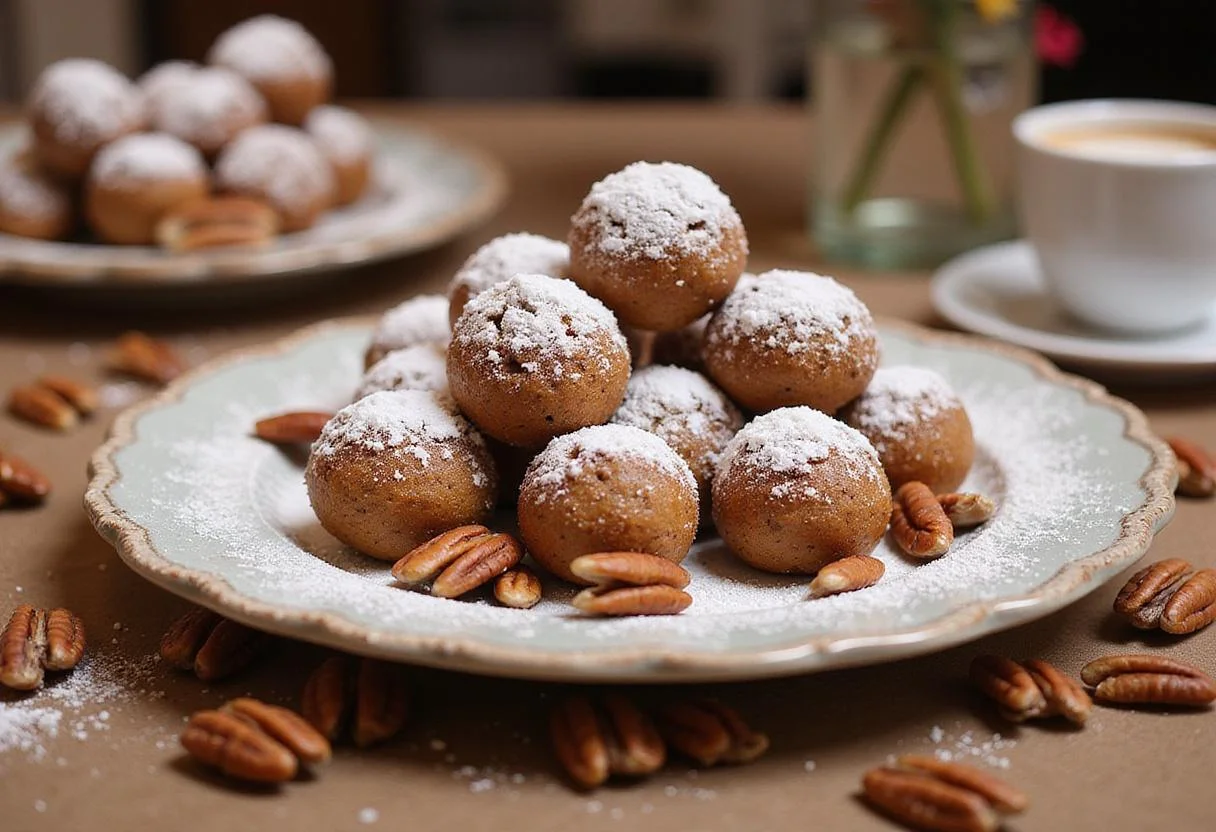 Serving of delicious sweet heavenly pecan balls on a platter, highlighting the finished dessert for a perfect festive treat.