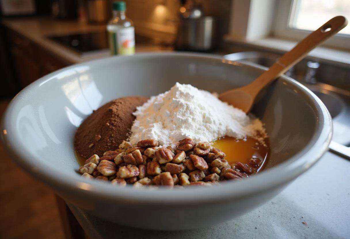 Ingredients for pecan pie balls including chopped pecans, flour, and powdered sugar in a cozy kitchen environment.