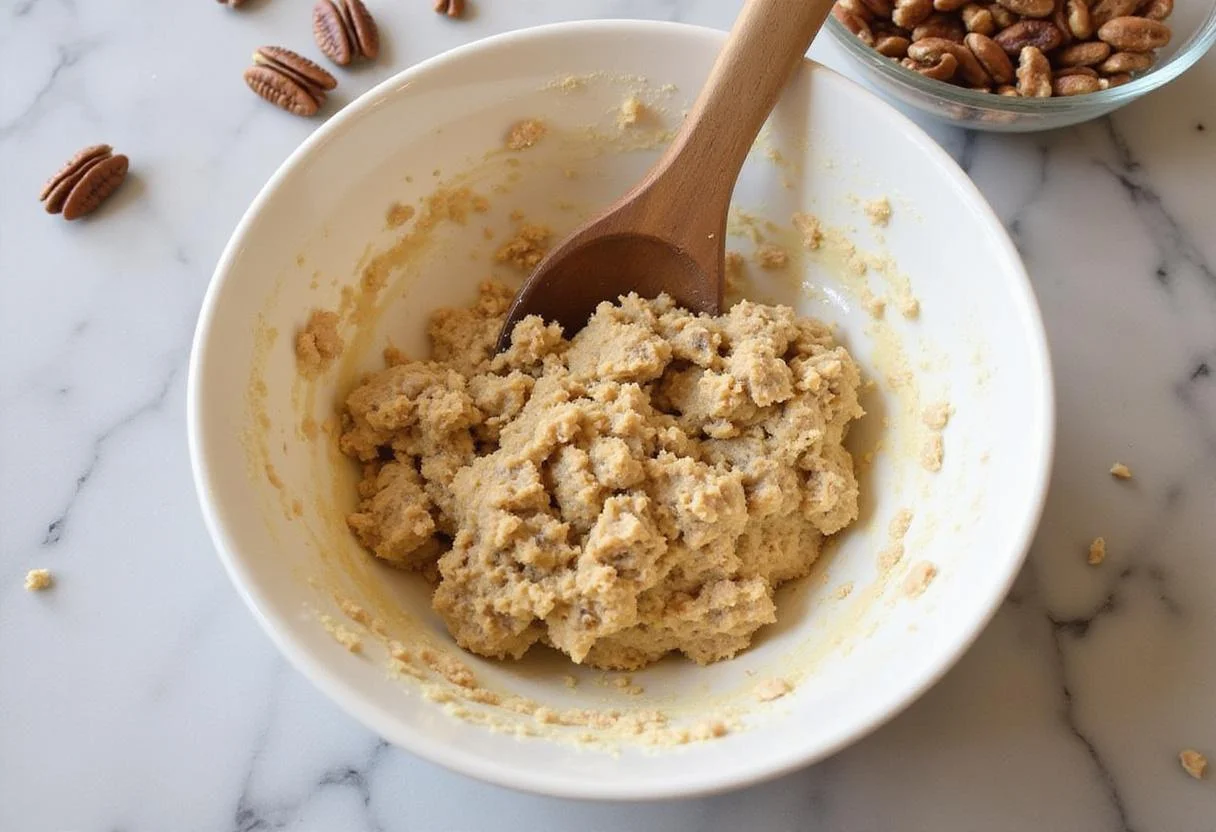 Mixing dough for sweet heavenly pecan balls, highlighting the thick consistency and texture as the ingredients come together.