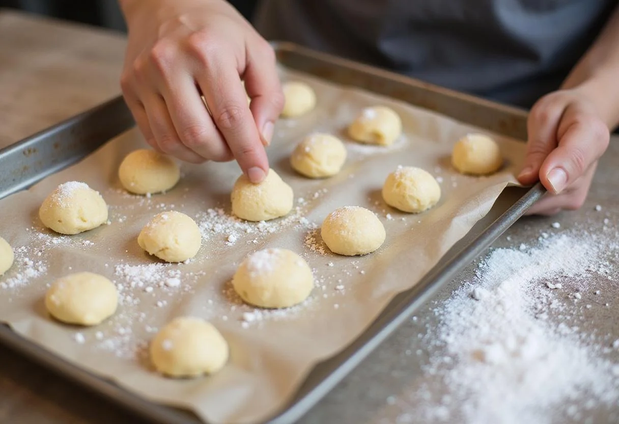 Forming sweet pecan pie balls and placing them on a baking sheet, showcasing the preparation phase of the delicious dessert.