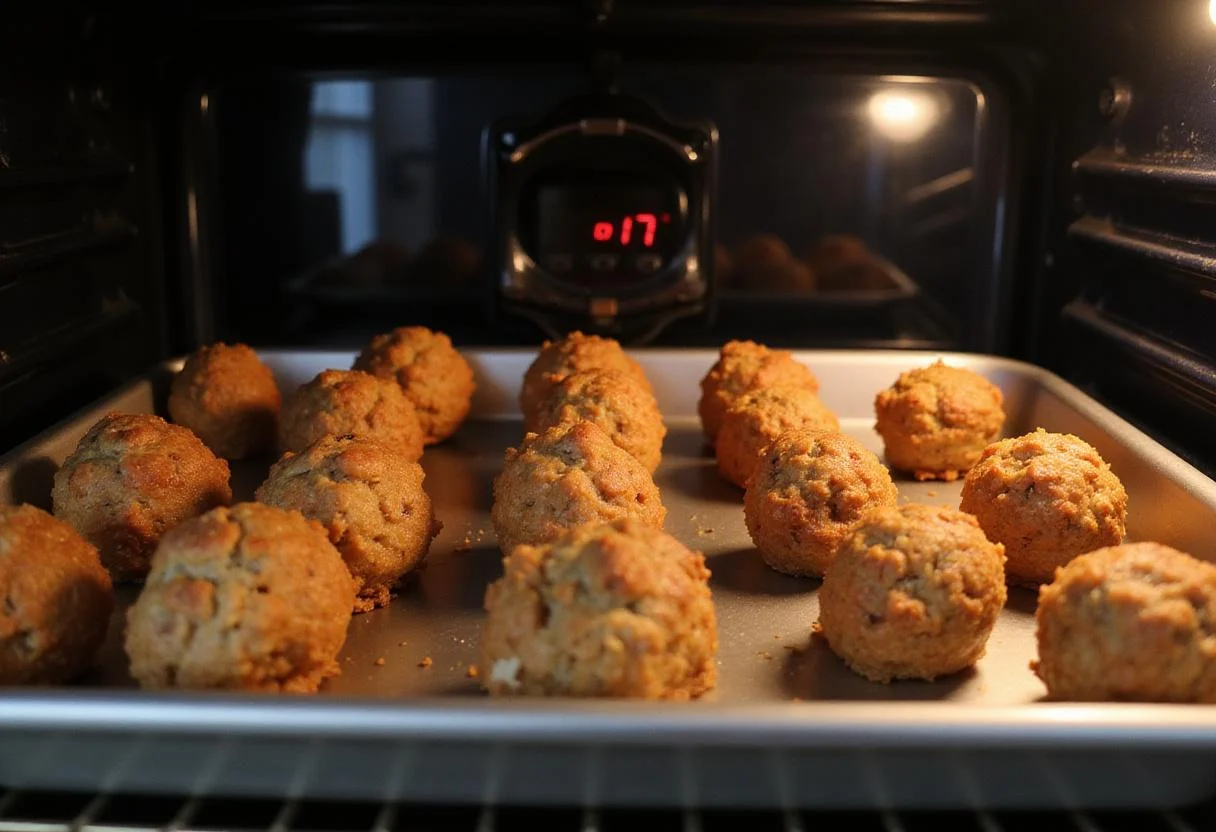 Baking sweet heavenly pecan balls in the oven, capturing the moment they rise and turn golden brown.