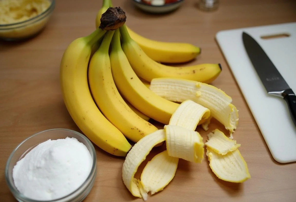 Preparing fresh lady finger bananas for a delicious sweet recipe, showcasing vibrant yellow fruit and baking ingredients.