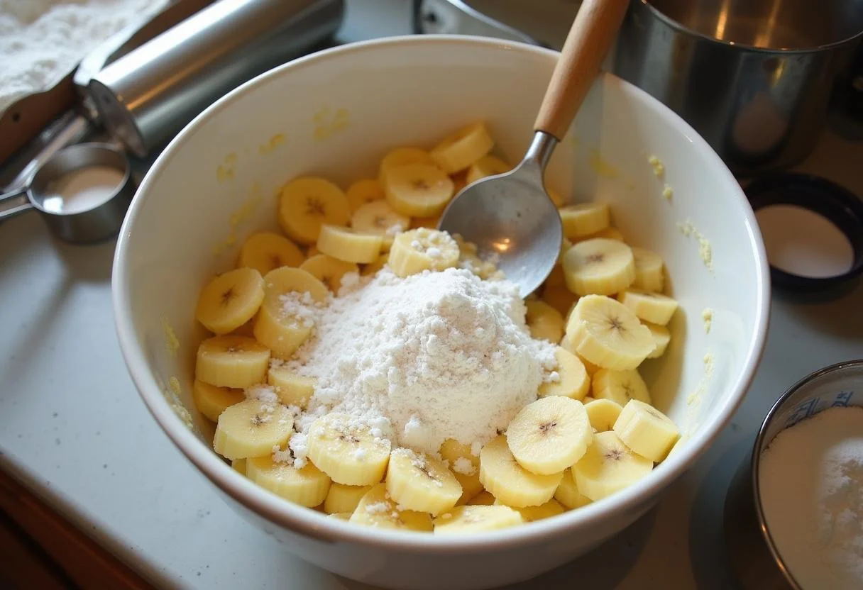 Mixing mashed lady finger bananas with sugar and flour, reflecting the preparation of a sweet dessert in a cozy kitchen setting.