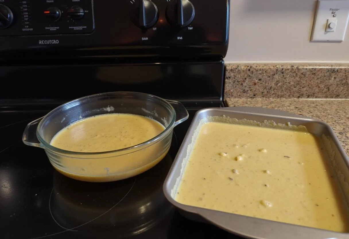 Preparing to bake a sweet dessert with lady finger banana batter in a lined baking dish, highlighting the baking process in a cheerful kitchen.