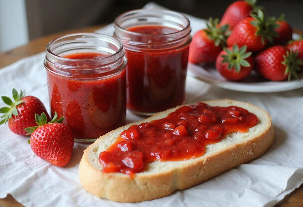 Delicious strawberry chia jam served on bread with fresh strawberries, perfect for breakfast or snacks.