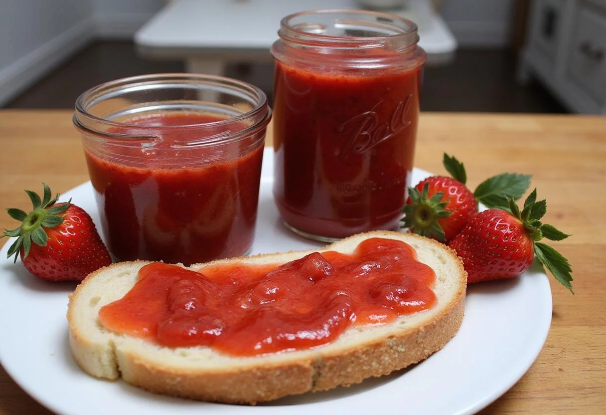 Delicious Strawberry Chia Delight jam served on bread with fresh strawberries, perfect for breakfast or snacks.