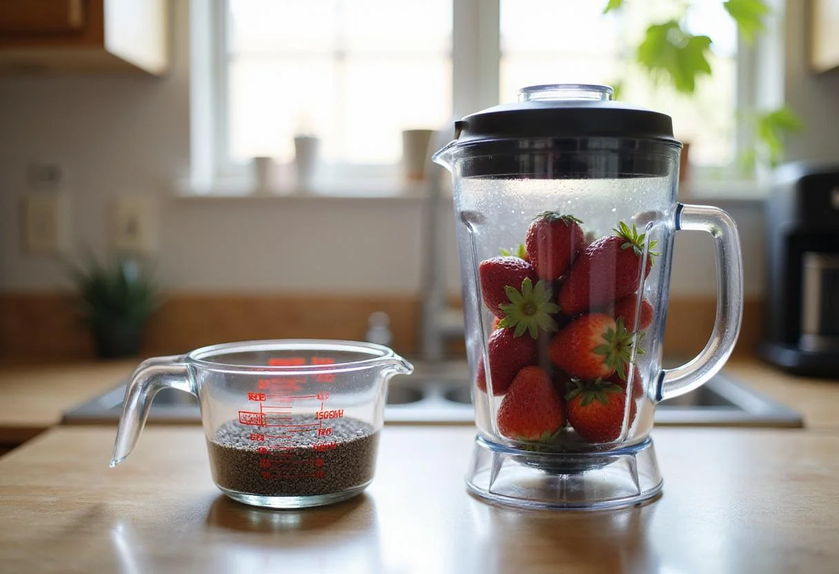 Preparing ingredients for homemade strawberry chia jam with fresh strawberries and chia seeds in a cozy kitchen.