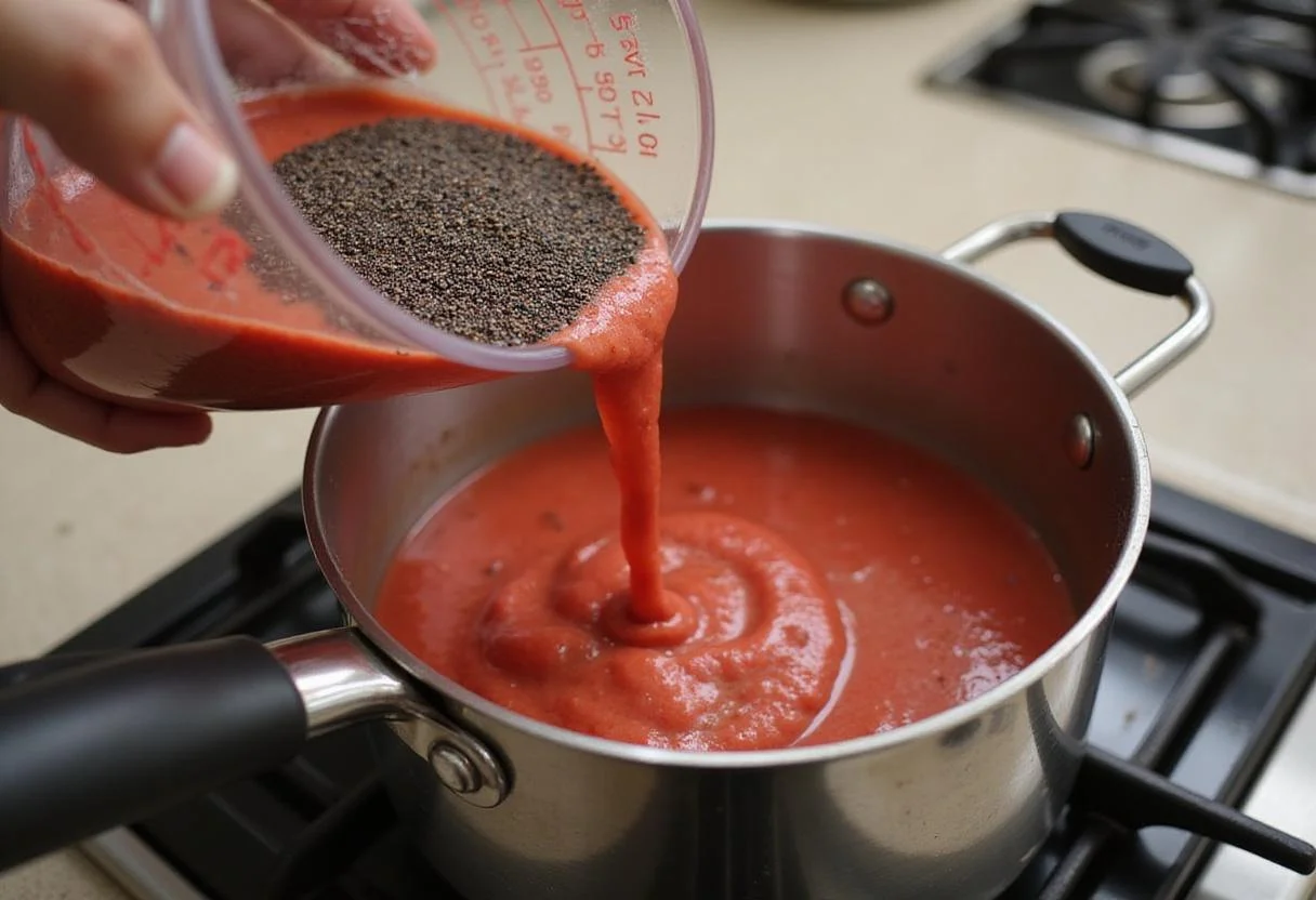 Making strawberry and chia seed jam by combining blended strawberries and chia seeds in a saucepan on the stove.