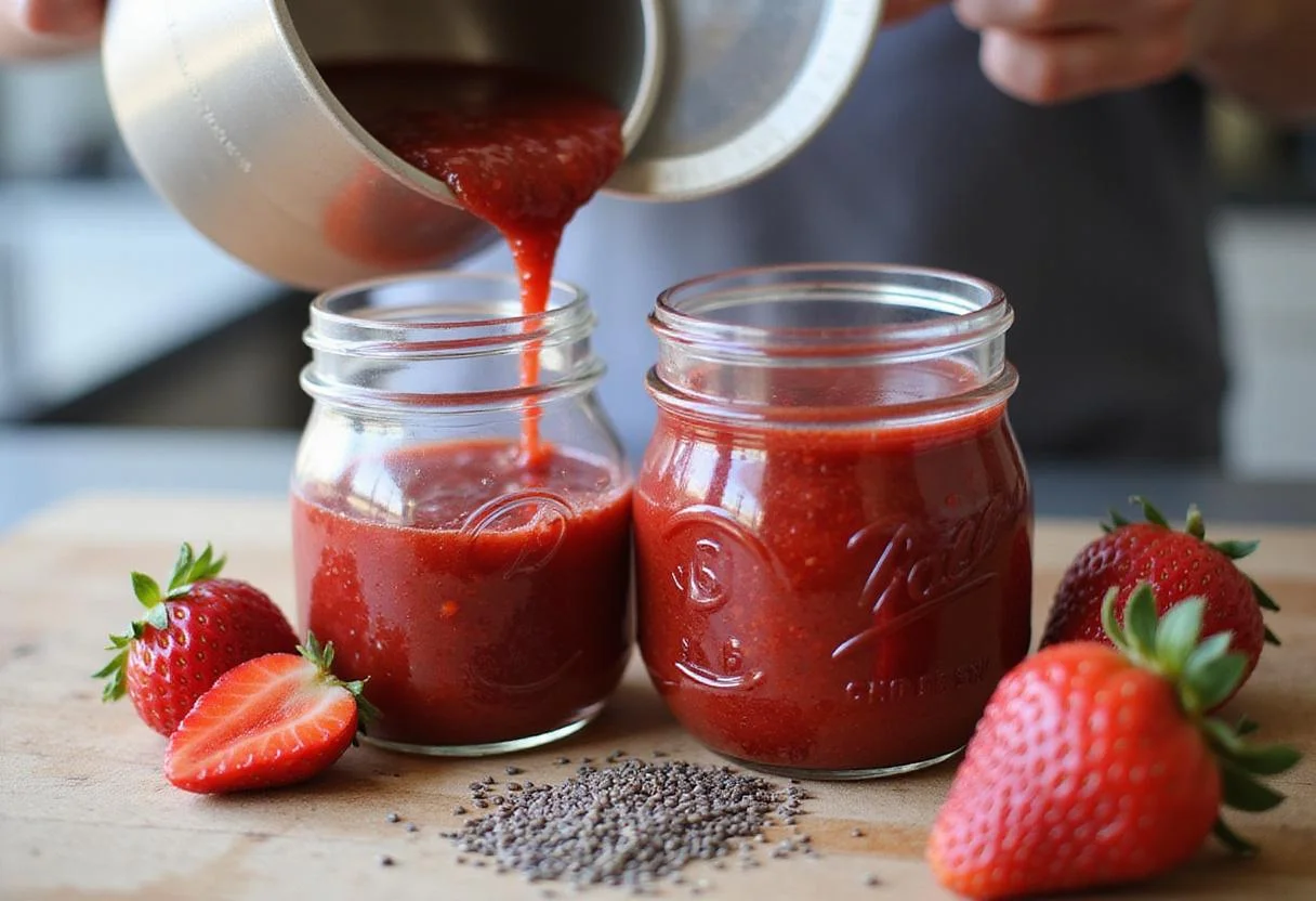 Pouring freshly made strawberry chia jam into jars, capturing the essence of homemade goodness.