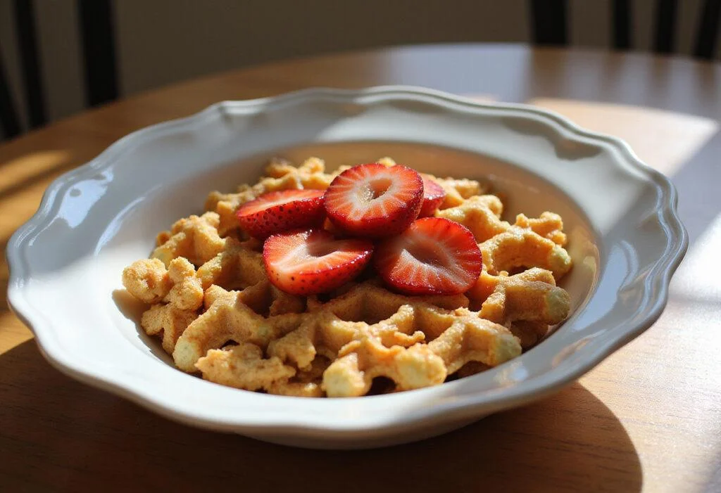 Delicious bowl of Sweet Waffle Crisp Cereal with strawberries and honey, perfect for breakfast.