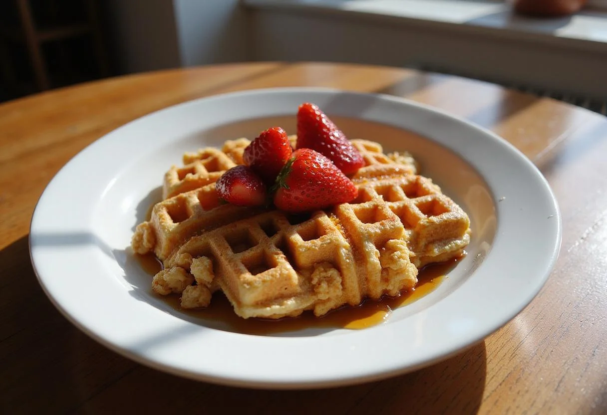 Delicious bowl of Sweet Waffle Crisp Cereal with strawberries and honey, perfect for breakfast.