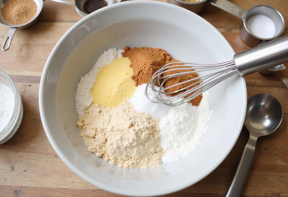 Mixing dry ingredients for waffle crisp cereal with flour, sugar, and baking powder in a bowl.