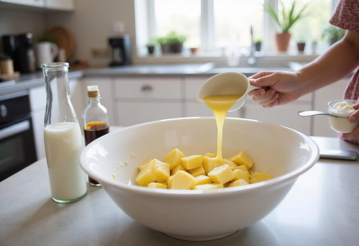 Pouring melted butter, milk, and vanilla for waffle crisp cereal in a bowl.