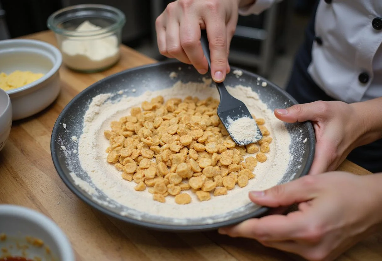 Combining wet and dry ingredients to make the batter for waffle crisp cereal.