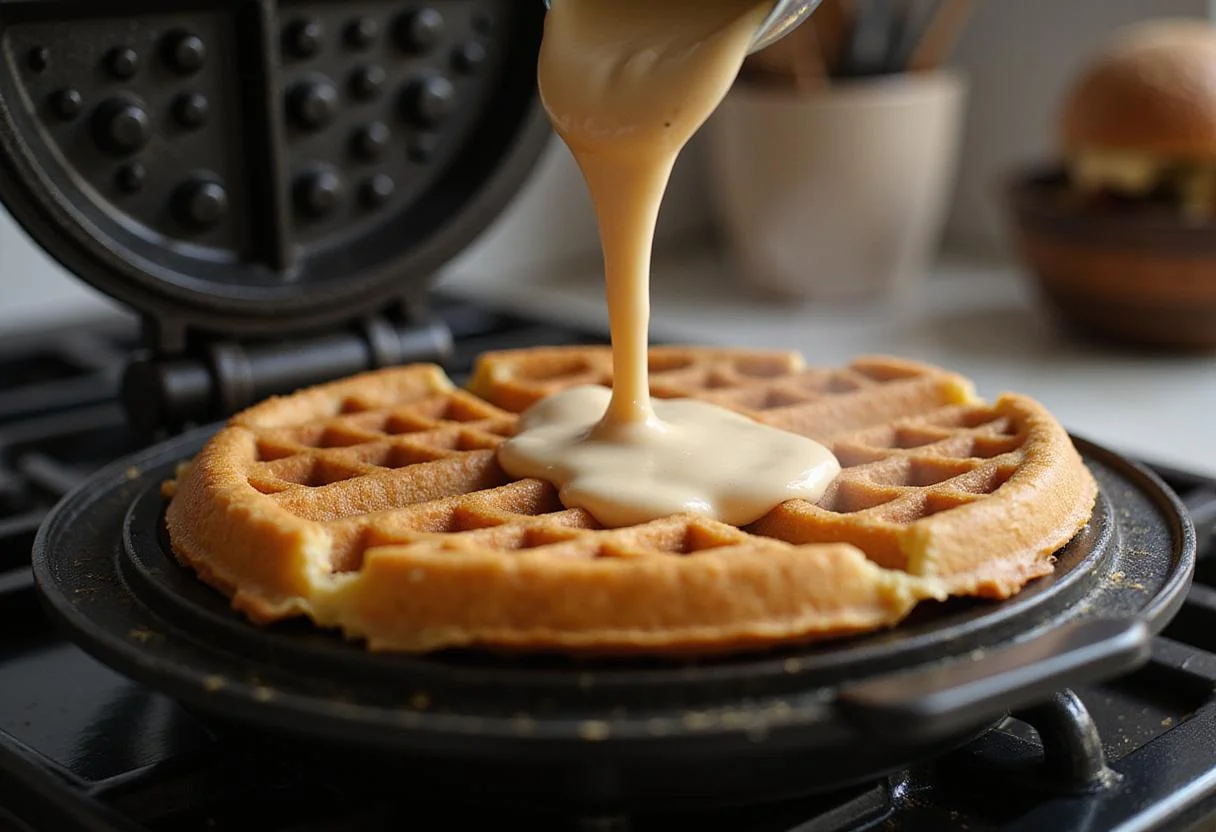 Cooking batter in a waffle iron for fresh waffle crisp cereal.