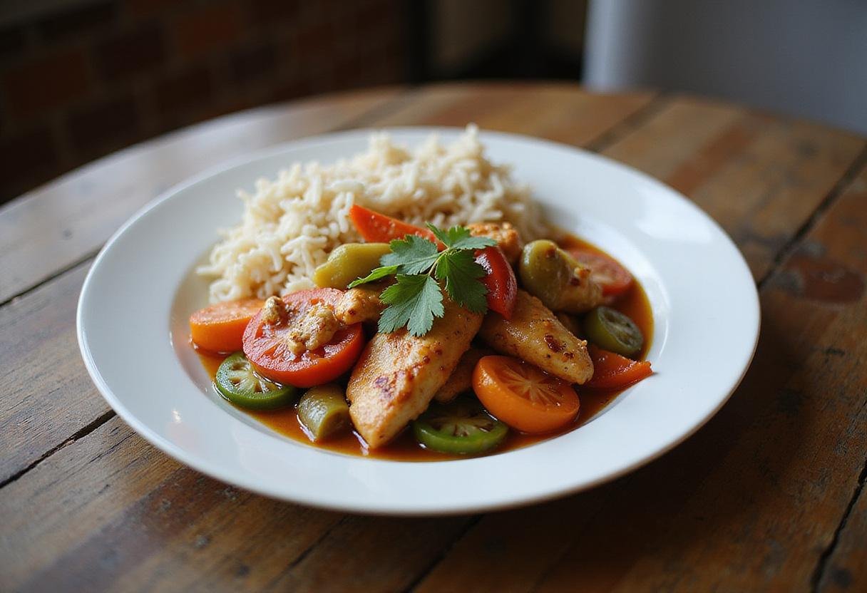 Final presentation of Ta Chien Chicken, beautifully garnished and served with jasmine rice, perfect for a flavorful meal.