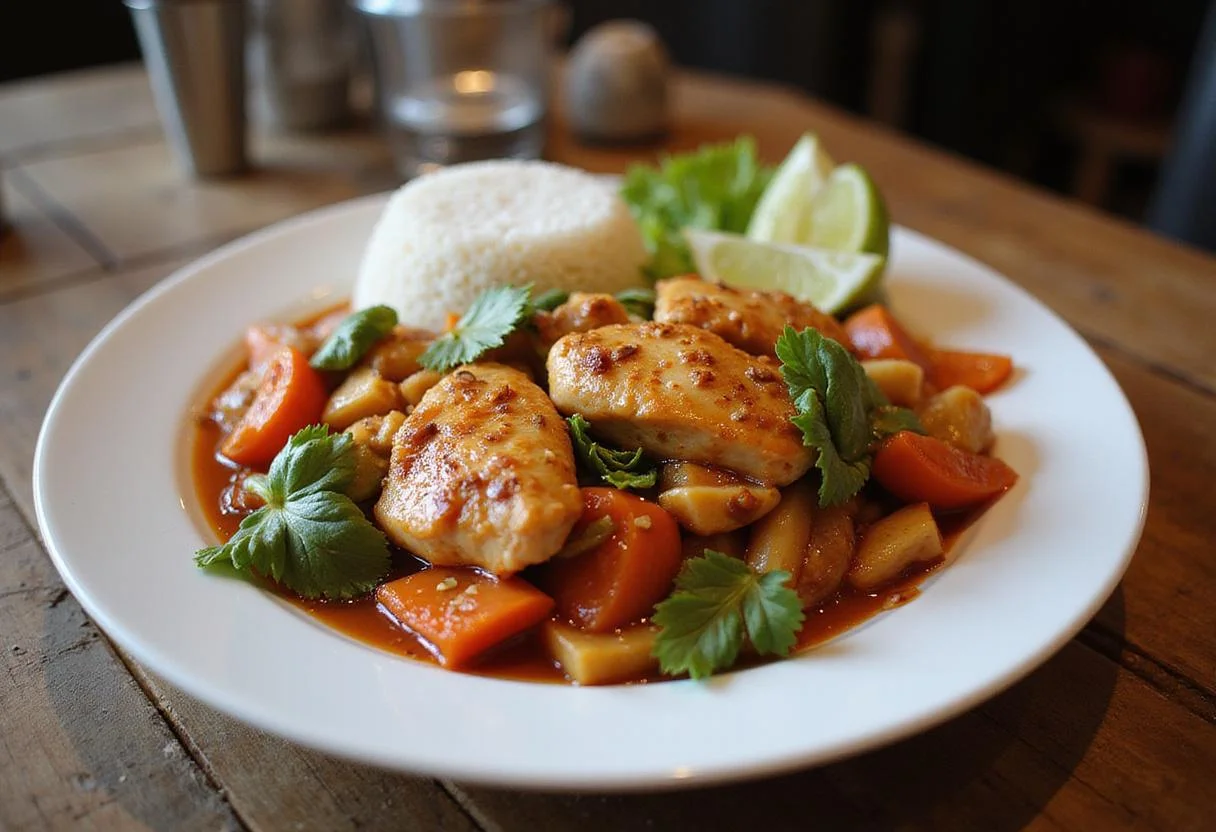 Final presentation of Ta Chien Chicken, beautifully garnished and served with jasmine rice, perfect for a flavorful meal.