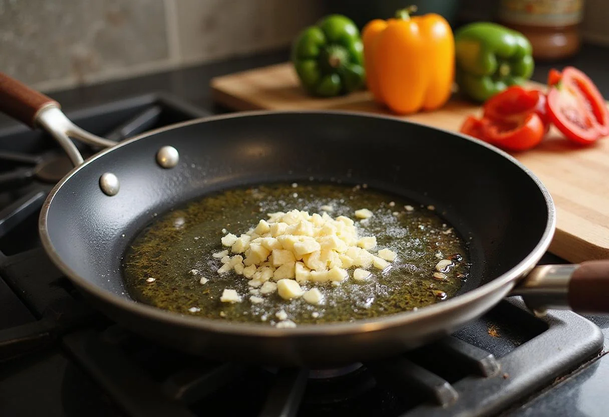 Sautéing garlic and ginger in oil for Ta Chien Chicken, vibrant bell peppers nearby, aromatics ready for a delicious meal.